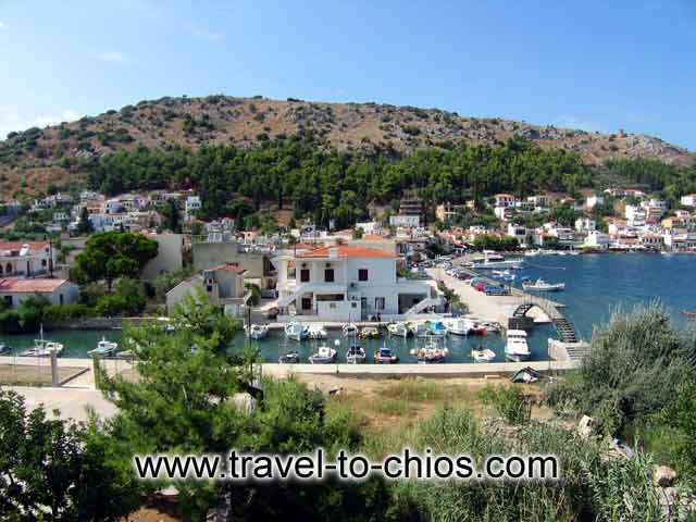 View from above of the small fishing boats port of Lagada village in Chios island Greece  